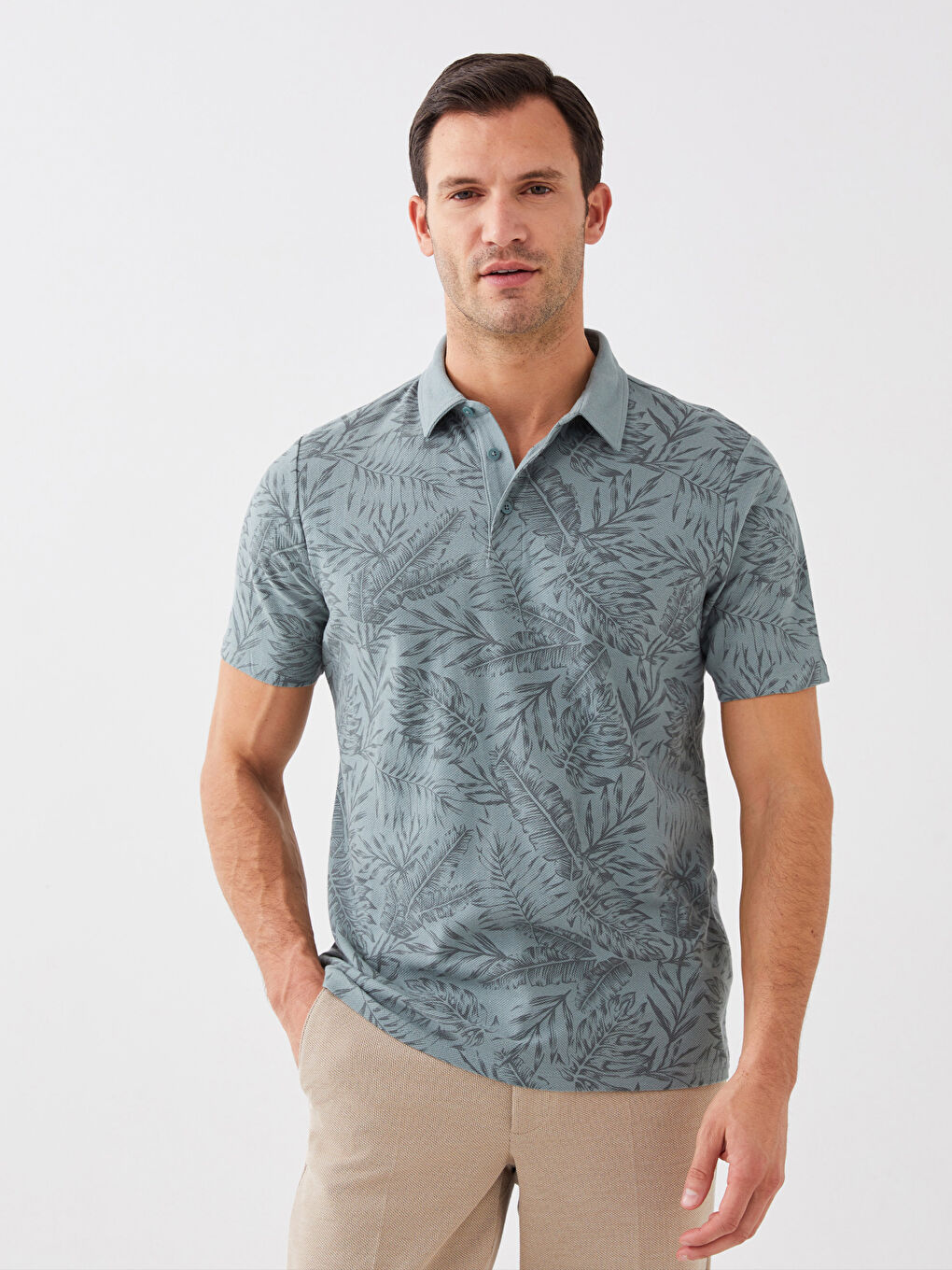 Yeşil Polo Yaka Kısa Kollu Desenli Erkek Tişört