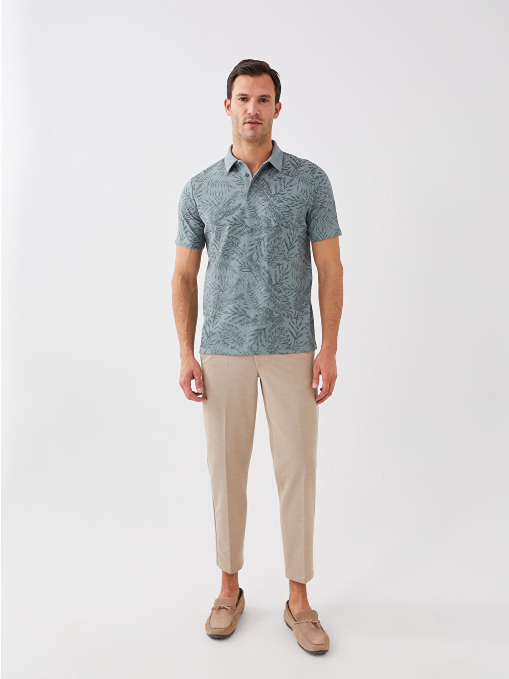 Yeşil Polo Yaka Kısa Kollu Desenli Erkek Tişört-2