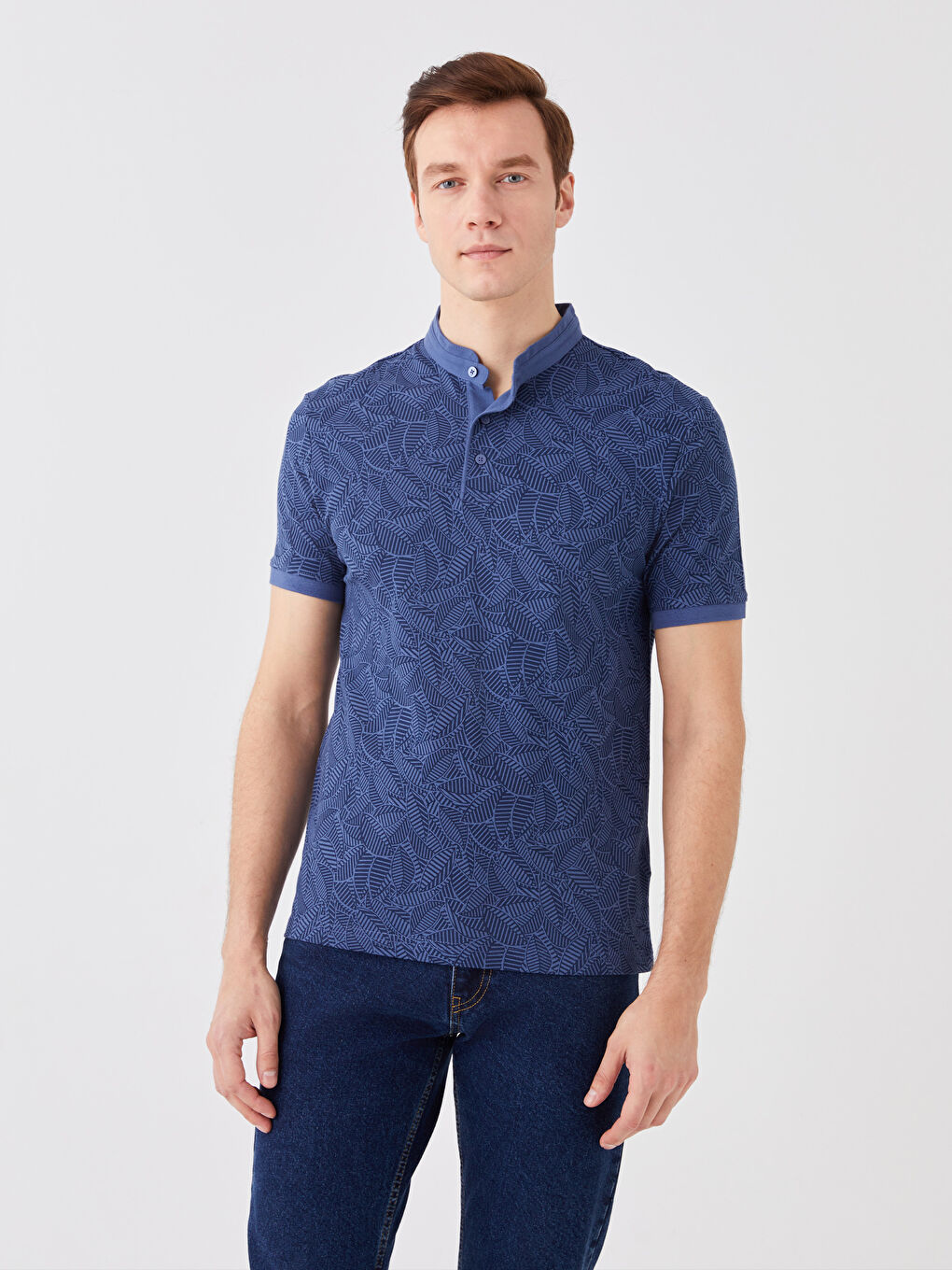 İndigo Hakim Yaka Kısa Kollu Desenli Pike Erkek Tişört-1