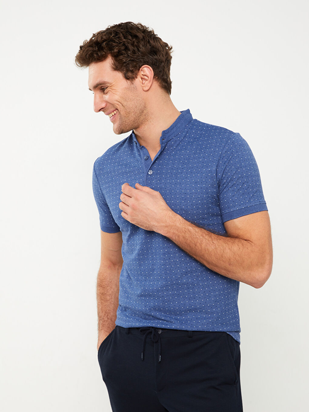 Grandad Collar Short Sleeve Patterned Pique Men's T-Shirt-1