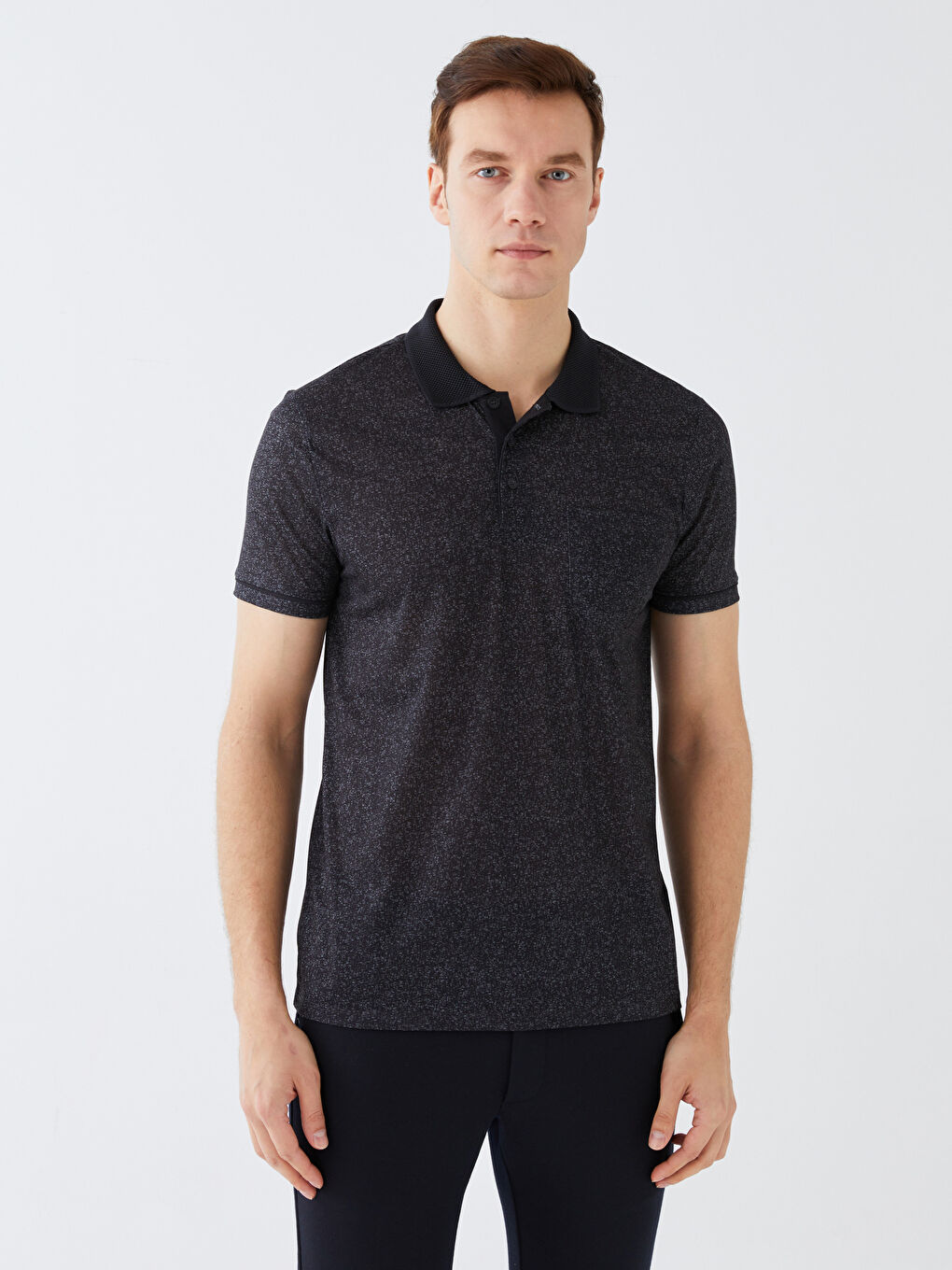 Siyah Polo Yaka Kısa Kollu Desenli Penye Erkek Tişört