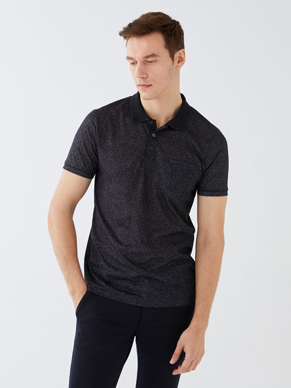 Siyah Polo Yaka Kısa Kollu Desenli Penye Erkek Tişört-2