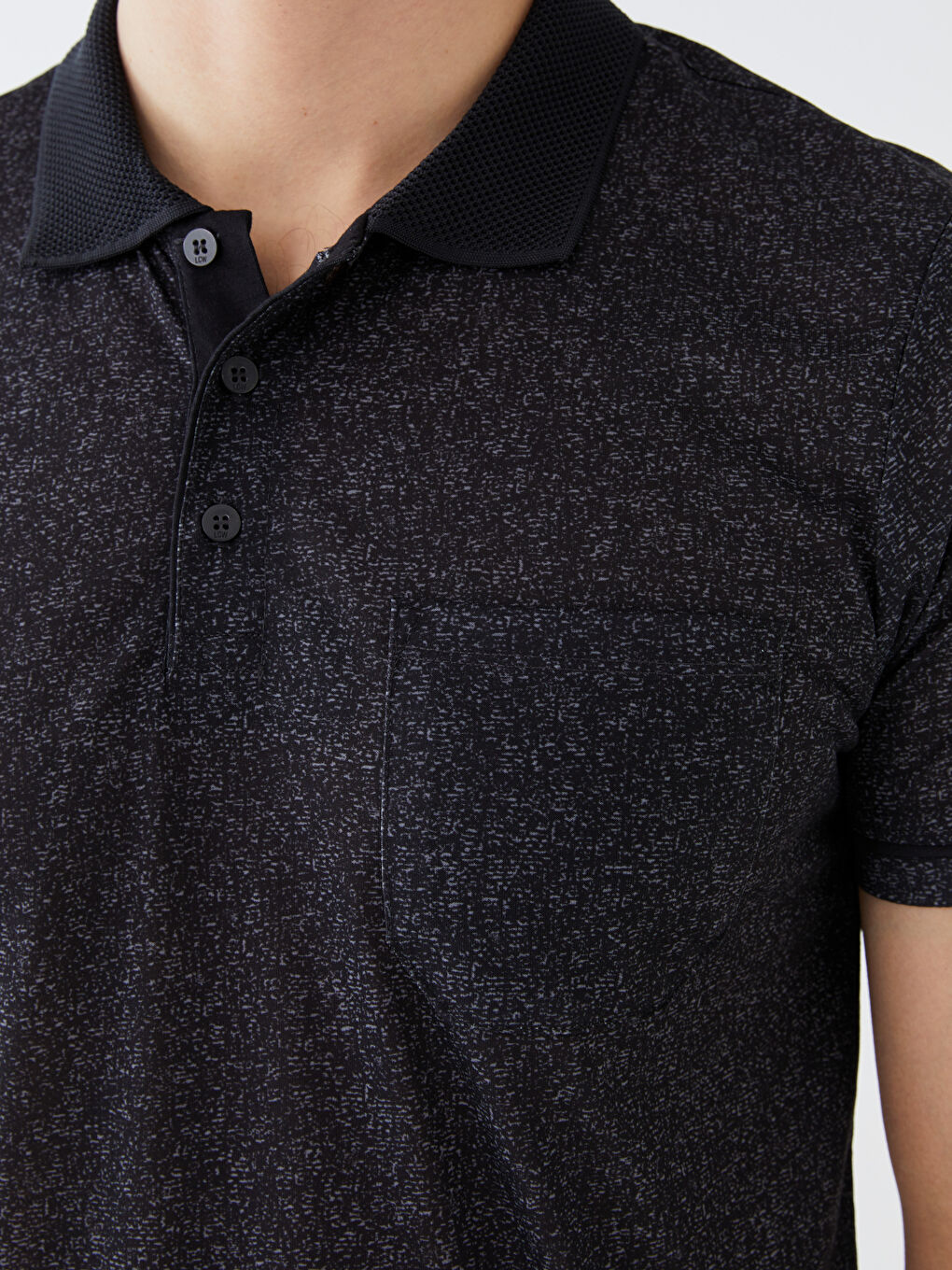 Siyah Polo Yaka Kısa Kollu Desenli Penye Erkek Tişört-3