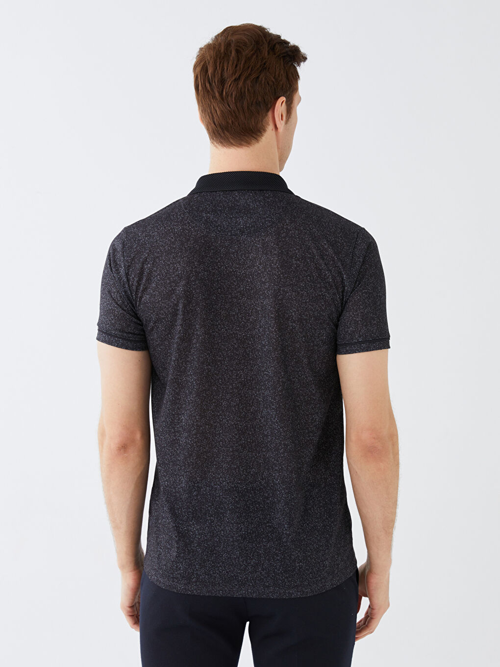 Siyah Polo Yaka Kısa Kollu Desenli Penye Erkek Tişört-4