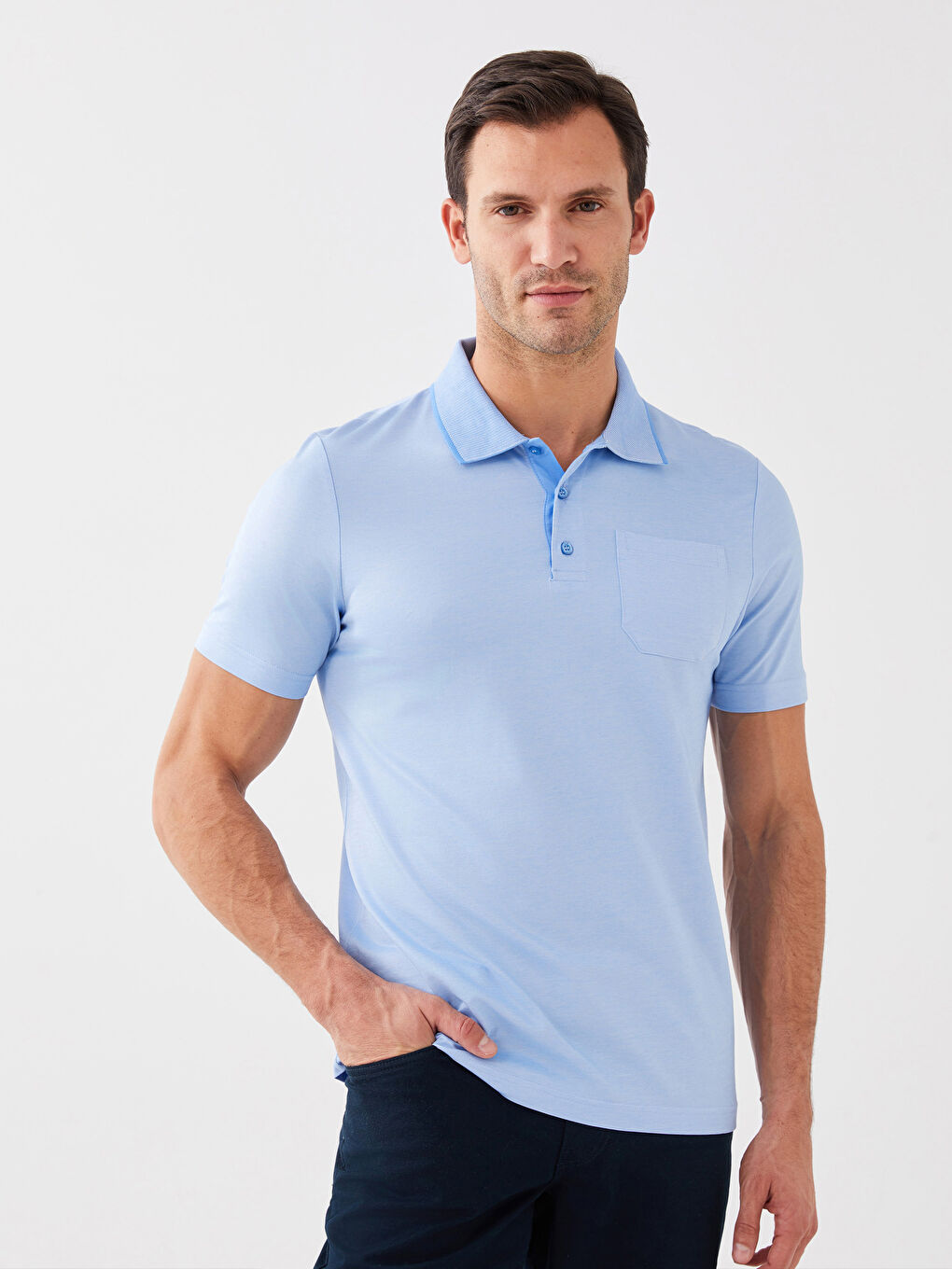 Mavi Merserize Polo Yaka Kısa Kollu Erkek Tişört