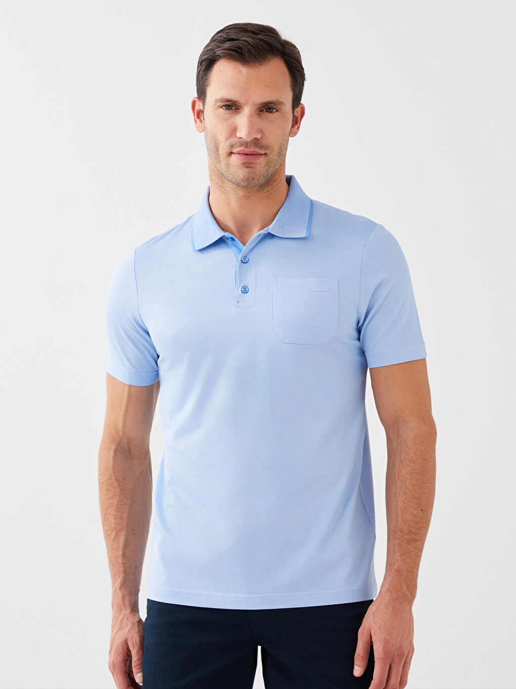 Mavi Merserize Polo Yaka Kısa Kollu Erkek Tişört-1