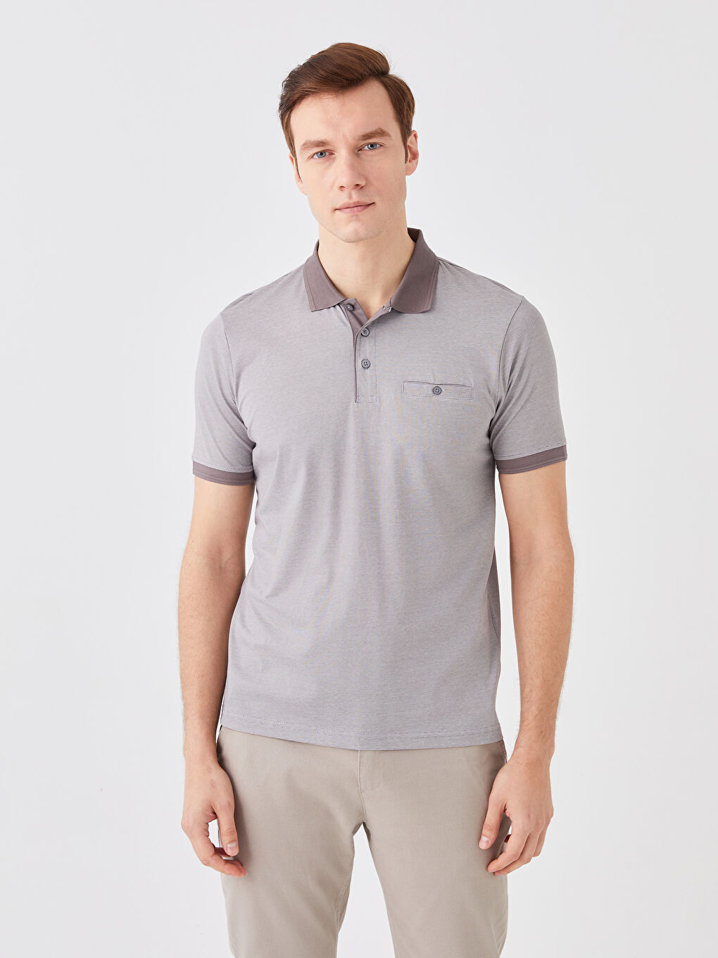 تي شيرت مخطط كم قصير ياقة بولو مُعالج بالميرسرايز للرجال-1