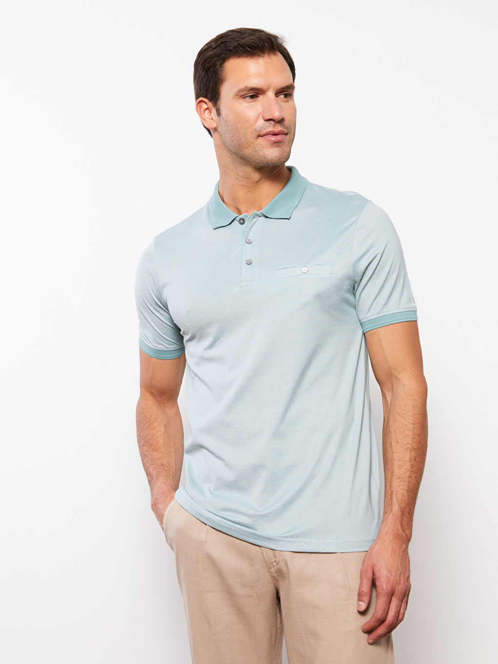 Ерлерге арналған жолақты поло жағалы қысқа жең трикотаж мерсерленген футболка-2