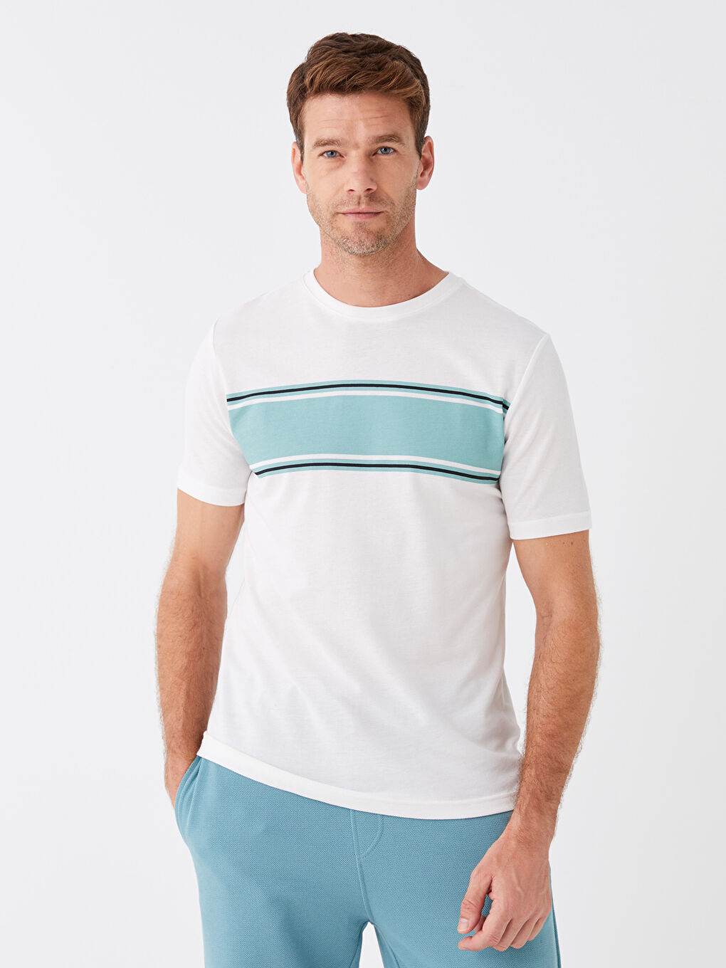 Yeşil Bisiklet Yaka Kısa Kollu Çizgili Erkek Tişört