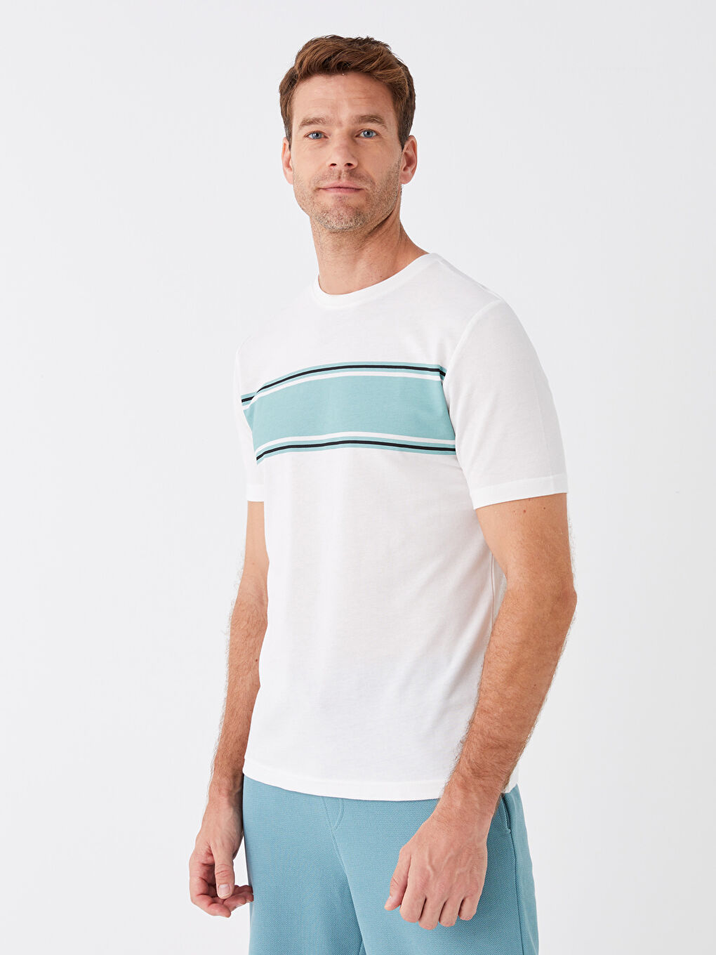 Yeşil Bisiklet Yaka Kısa Kollu Çizgili Erkek Tişört-1