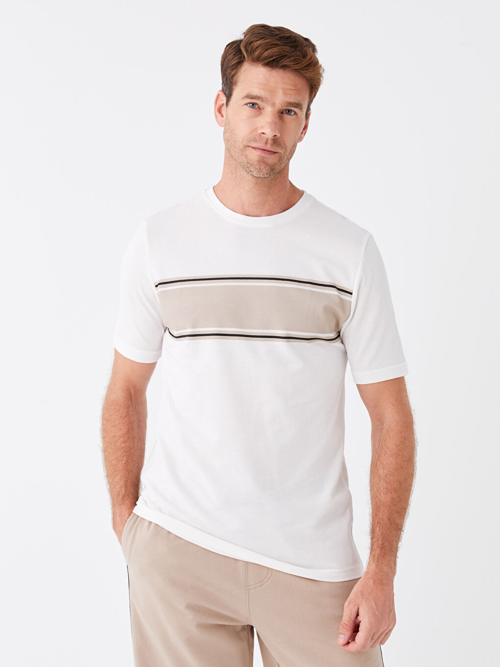 Ekru Bisiklet Yaka Kısa Kollu Çizgili Erkek Tişört