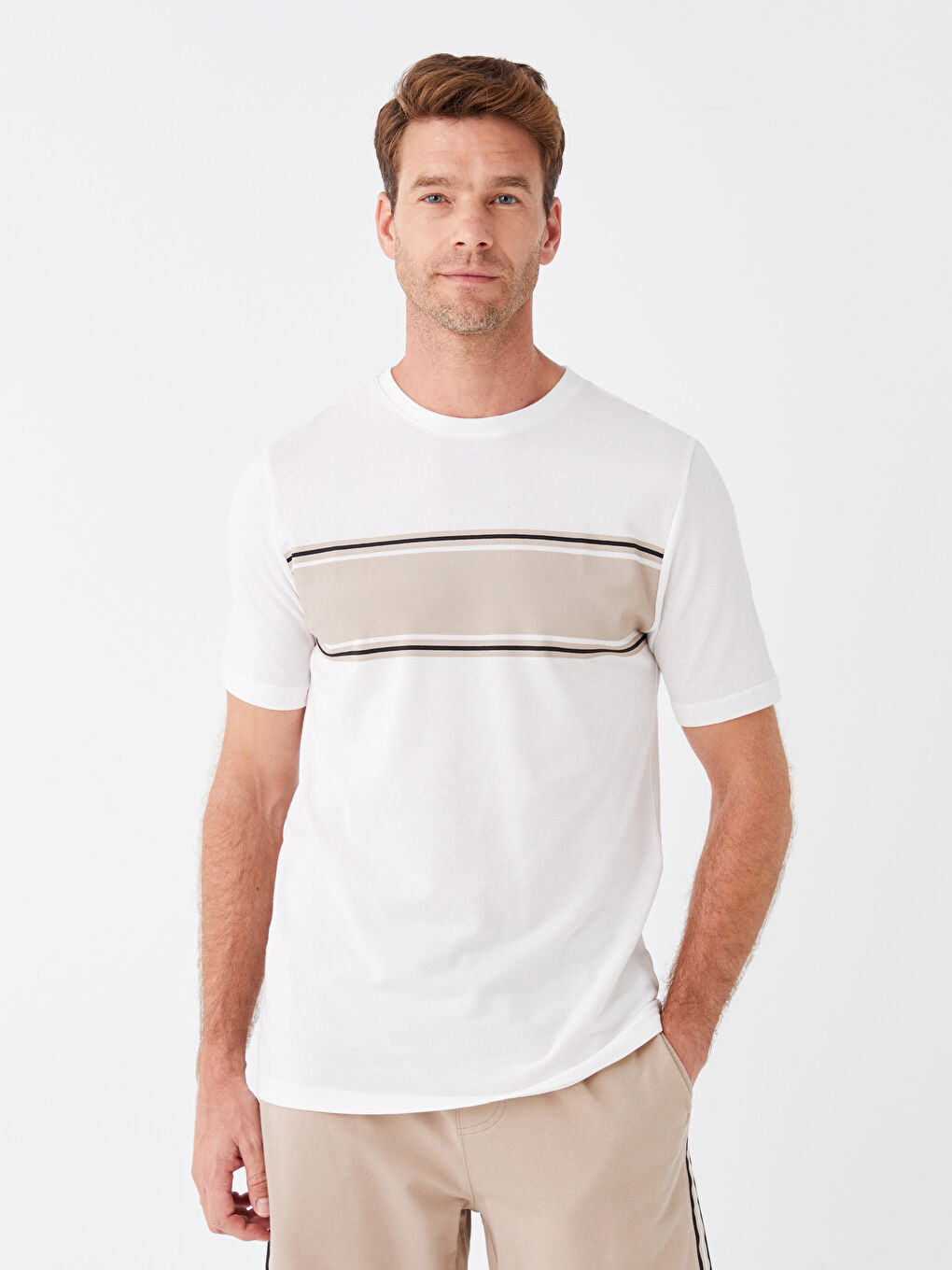 Ekru Bisiklet Yaka Kısa Kollu Çizgili Erkek Tişört-1