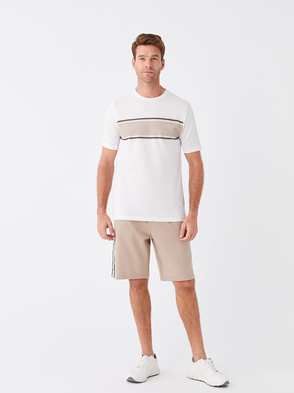 Ekru Bisiklet Yaka Kısa Kollu Çizgili Erkek Tişört-2