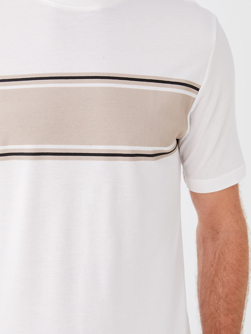 Ekru Bisiklet Yaka Kısa Kollu Çizgili Erkek Tişört-3