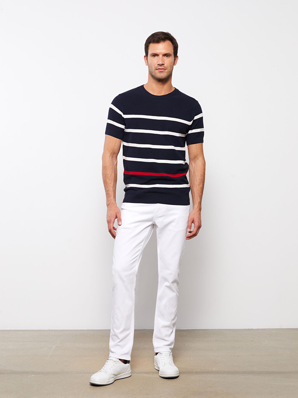 Karışık Bisiklet Yaka Kısa Kollu Çizgili Erkek Triko Kazak-2