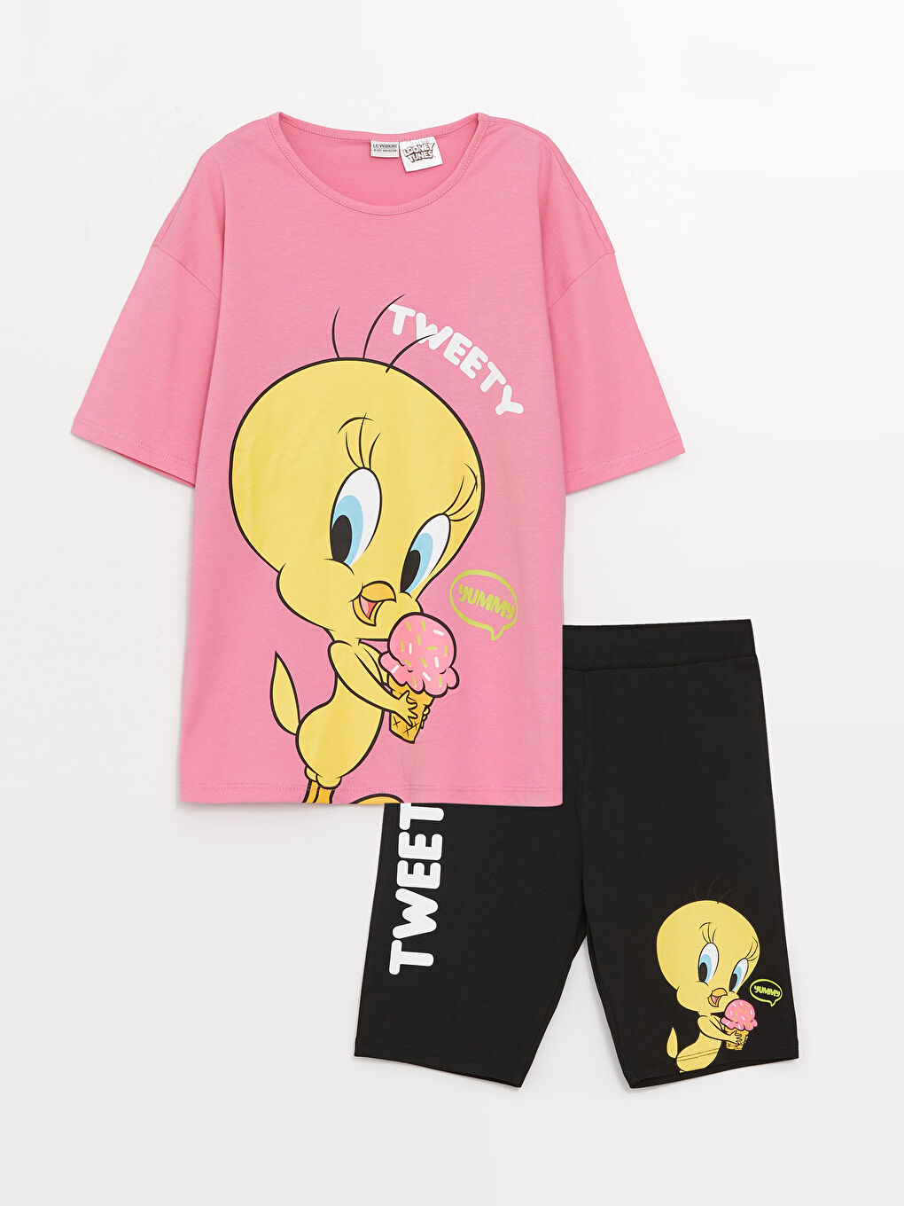 Pembe Bisiklet Yaka Tweety Baskılı Kısa Kollu Kız Çocuk Tişört ve Tayt