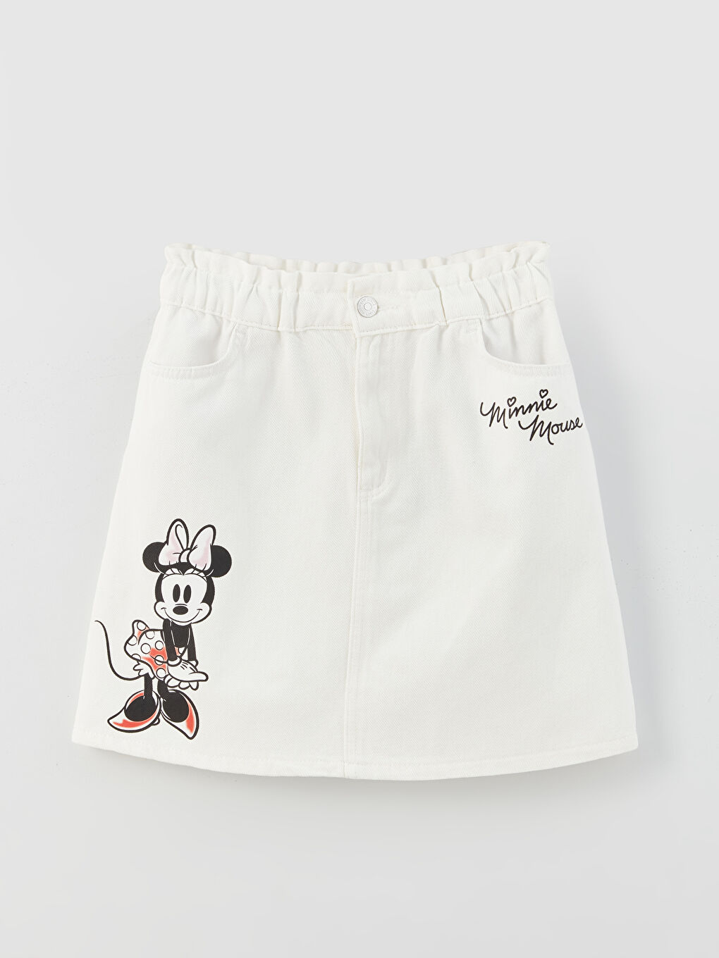 Beyaz Beli Lastikli Minnie Mouse Baskılı Kız Çocuk Jean Etek