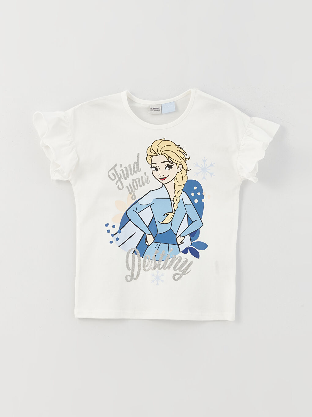 Ekru Bisiklet Yaka Elsa Baskılı Kısa Kollu Kız Çocuk Tişört