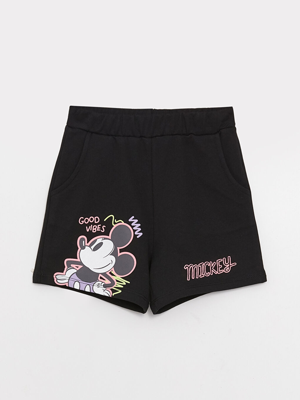 Siyah Beli Lastikli Mickey Mouse Baskılı Kız Çocuk Şort