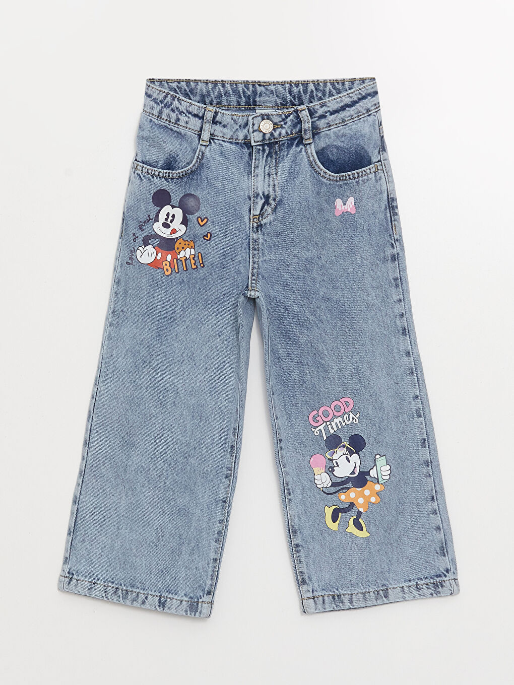 Mavi Minnie ve Mickey Mouse Baskılı Wideleg Kız Çocuk Jean Kapri