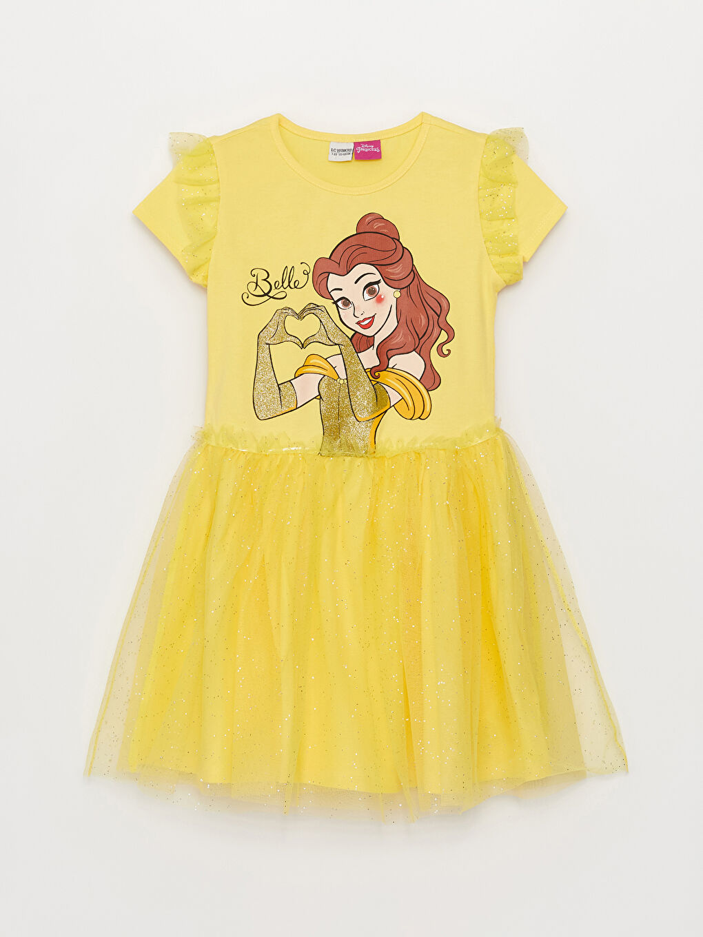 Sarı Bisiklet Yaka Disney Princess Baskılı Kız Çocuk Elbise
