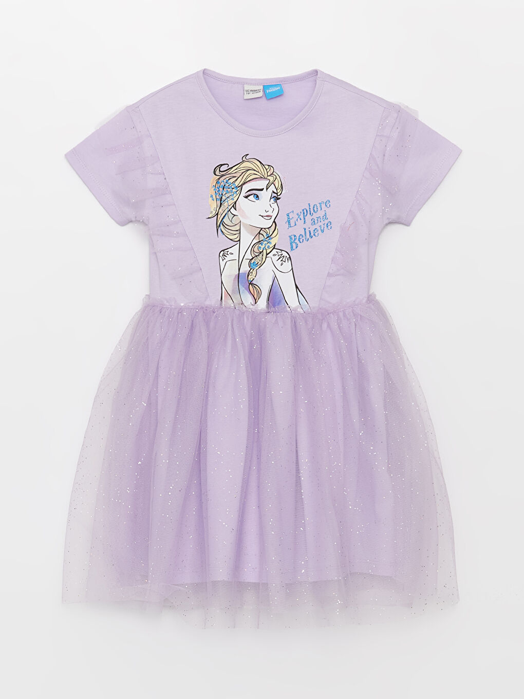 Lila Bisiklet Yaka Elsa Baskılı Kız Çocuk Elbise