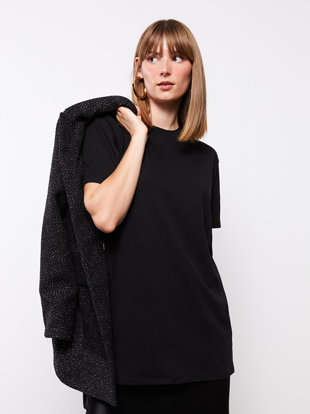 Tunique en Coton Oversize à Manches Courtes Droite à Col Rond pour Femmes