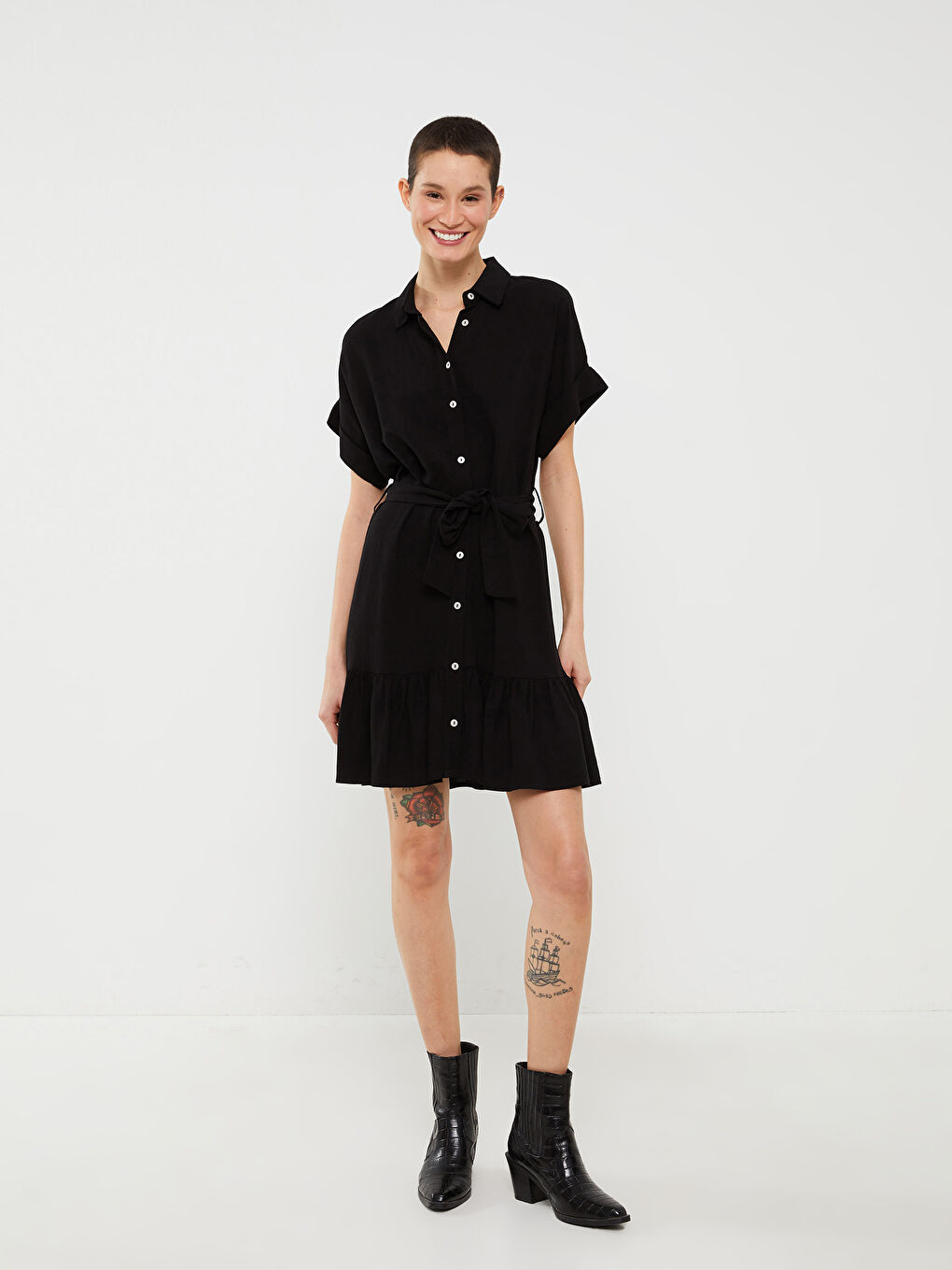 Однотонное платье-рубашка с коротким рукавом для женщин-1