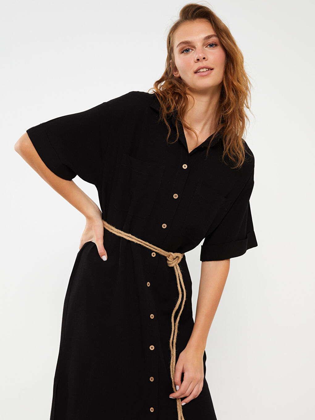 Straight Short Sleeve Women's Shirt Dress -S3BC01Z8-RQL