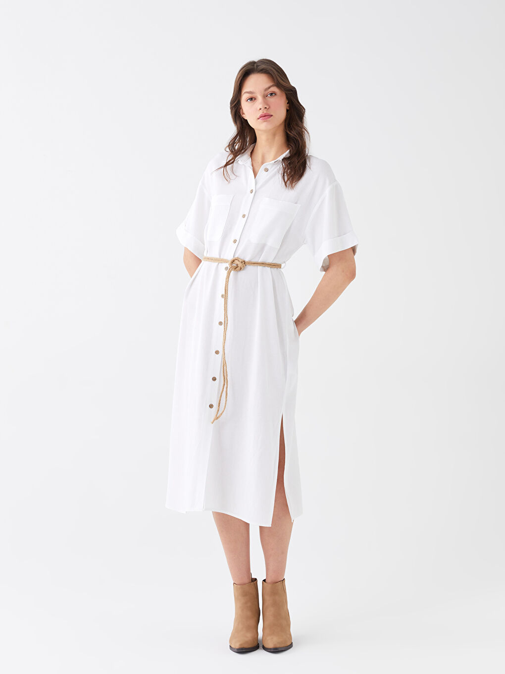 Plain Short Sleeve Women's Shirt Dress -S3BC01Z8-R5B