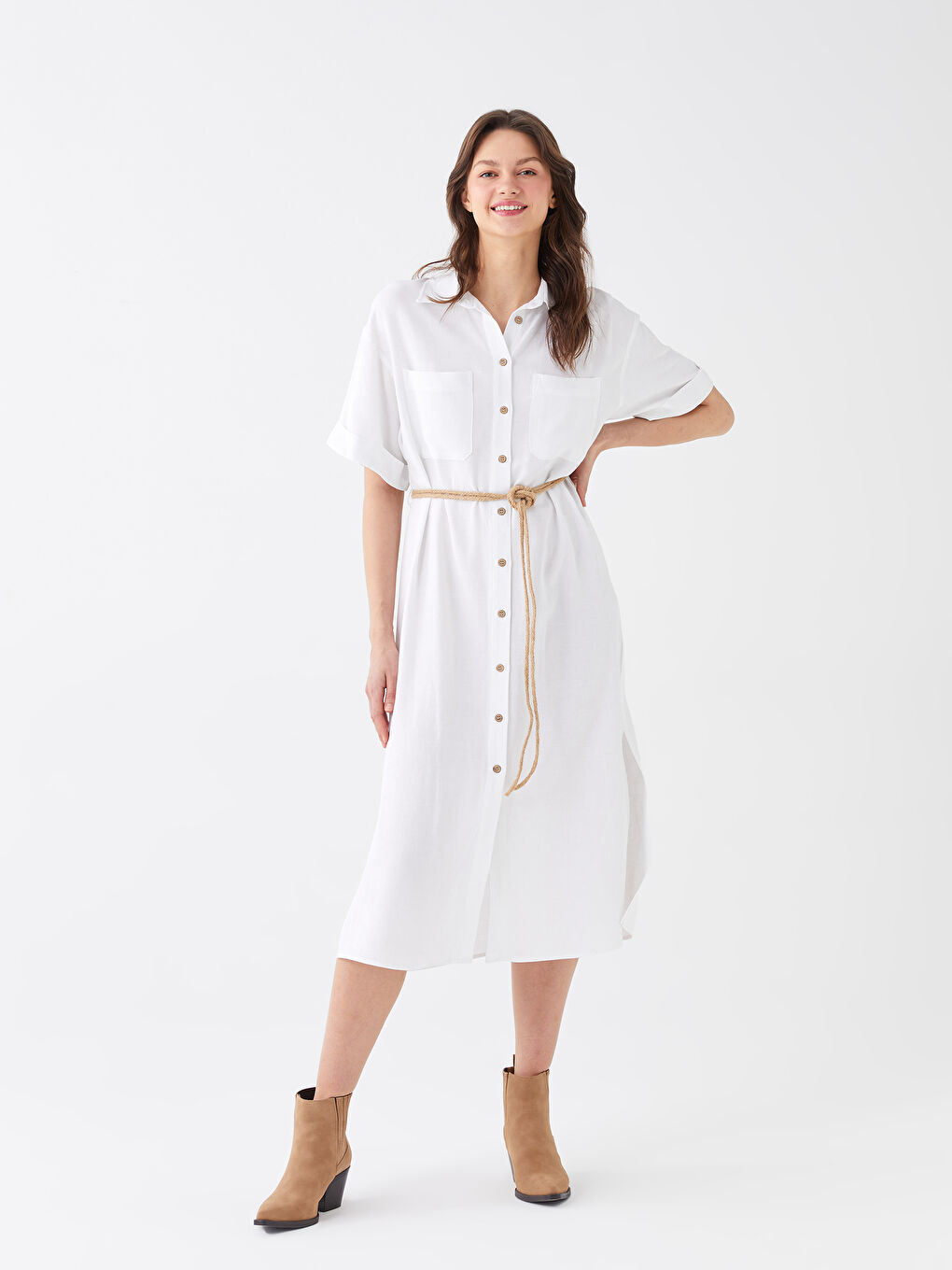 Plain Short Sleeve Women's Shirt Dress -S3BC01Z8-R5B