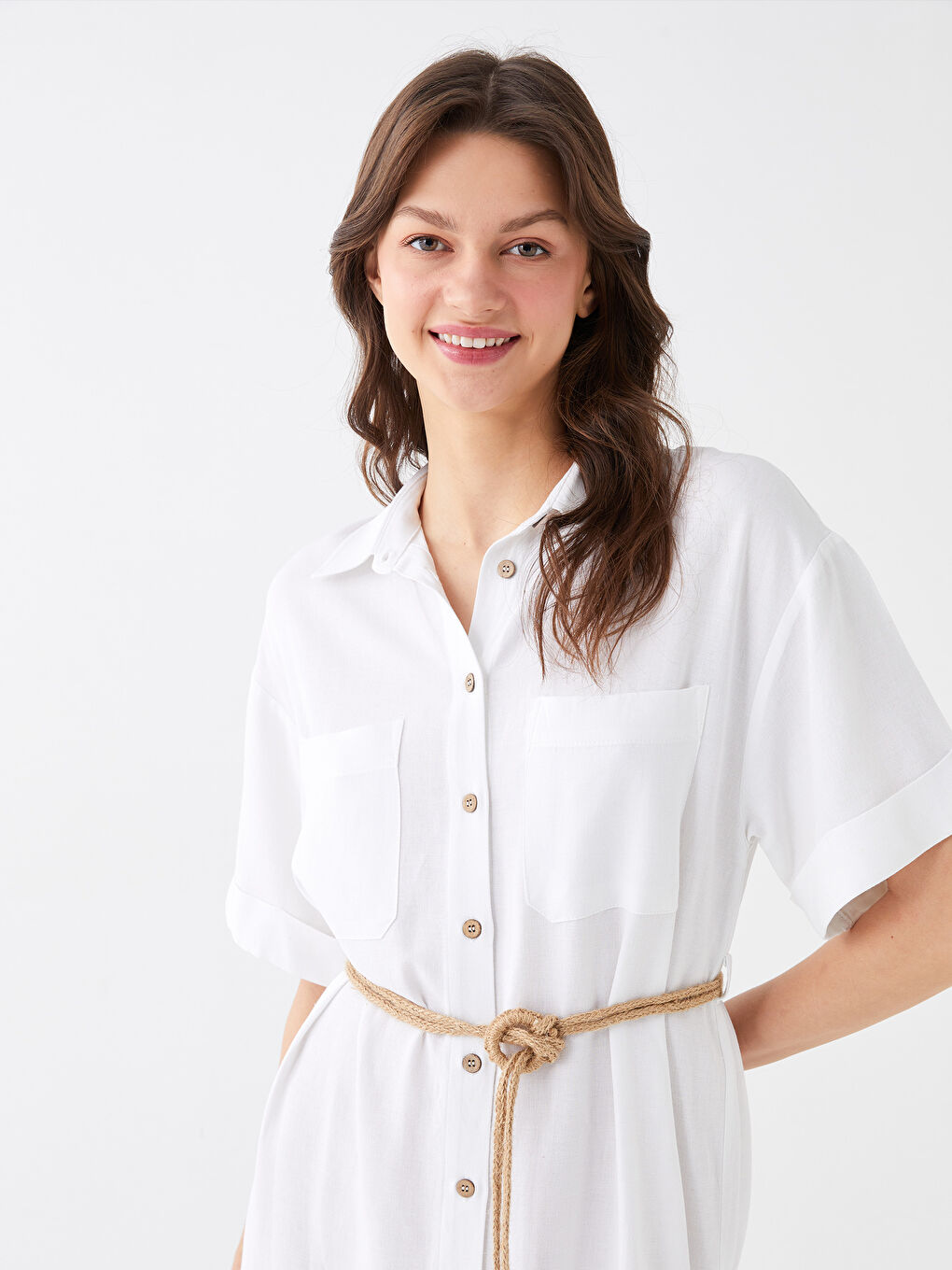 Plain Short Sleeve Women's Shirt Dress -S3BC01Z8-R5B
