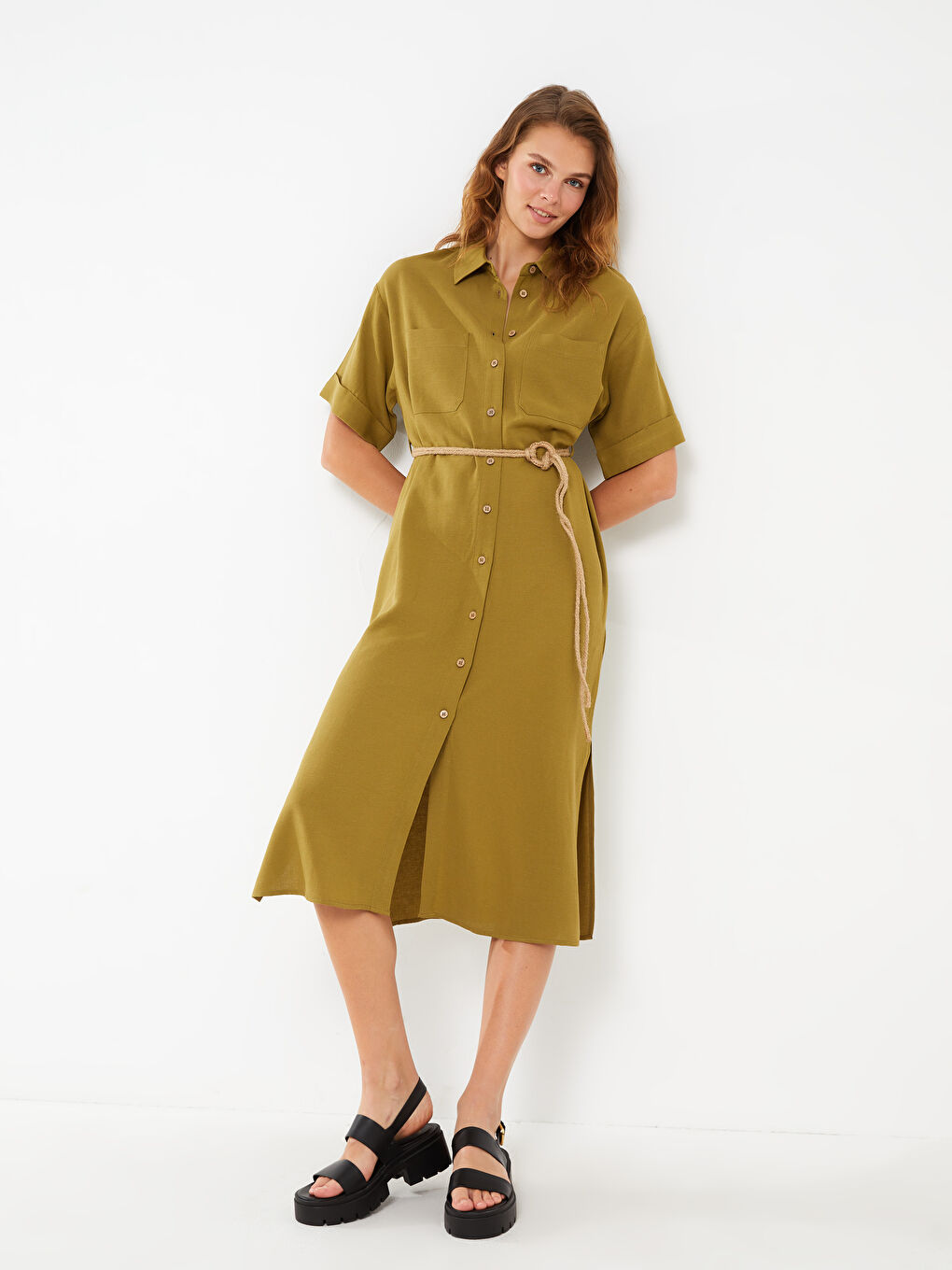 Straight Short Sleeve Women's Shirt Dress -S3BC01Z8-GXY