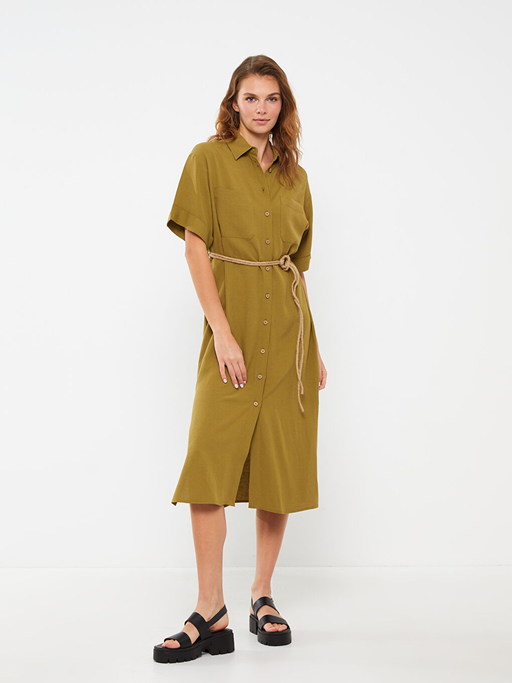 Straight Short Sleeve Women's Shirt Dress -S3BC01Z8-GXY