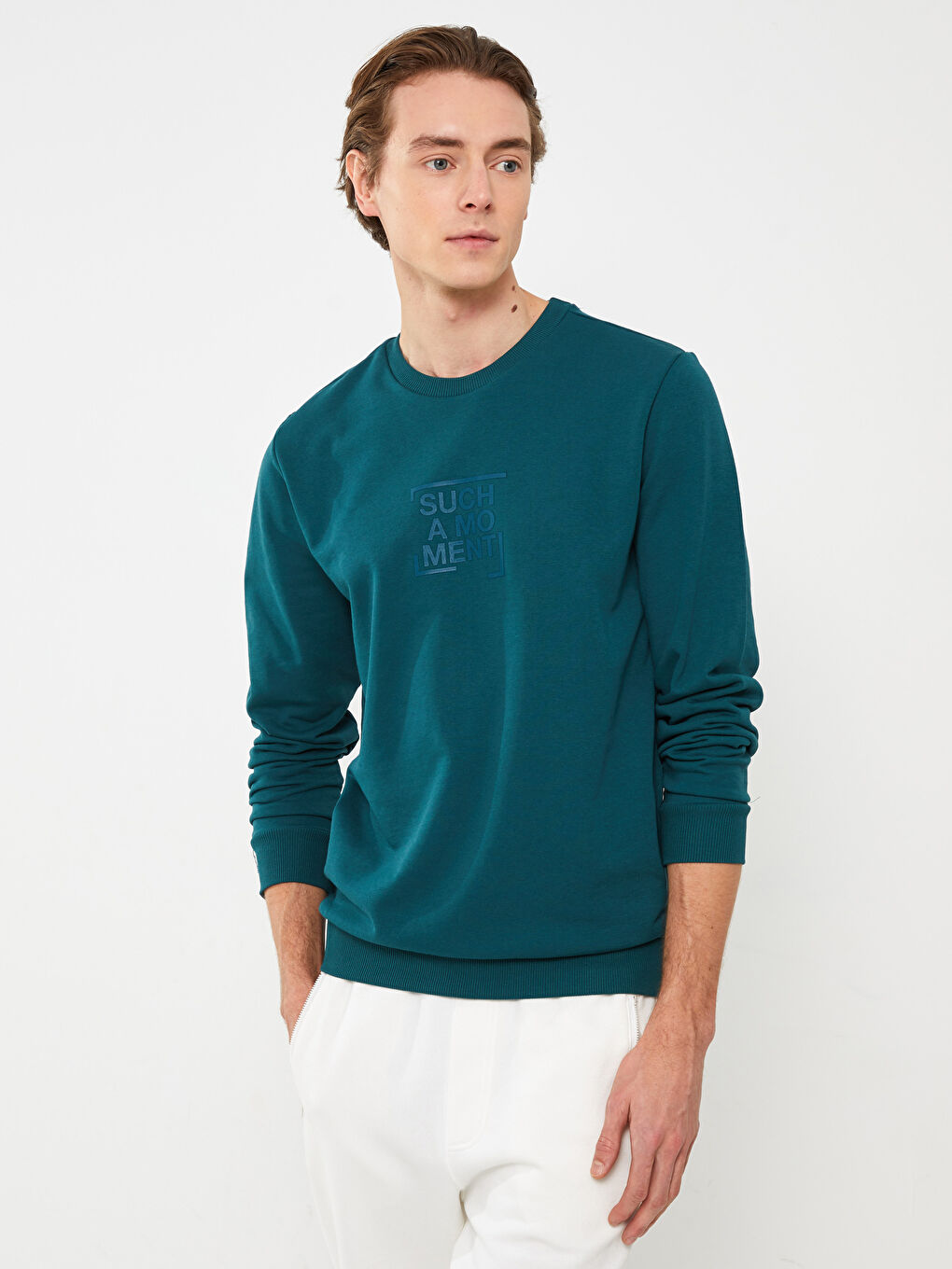 Petrol Bisiklet Yaka Uzun Kollu Baskılı Erkek Sweatshirt