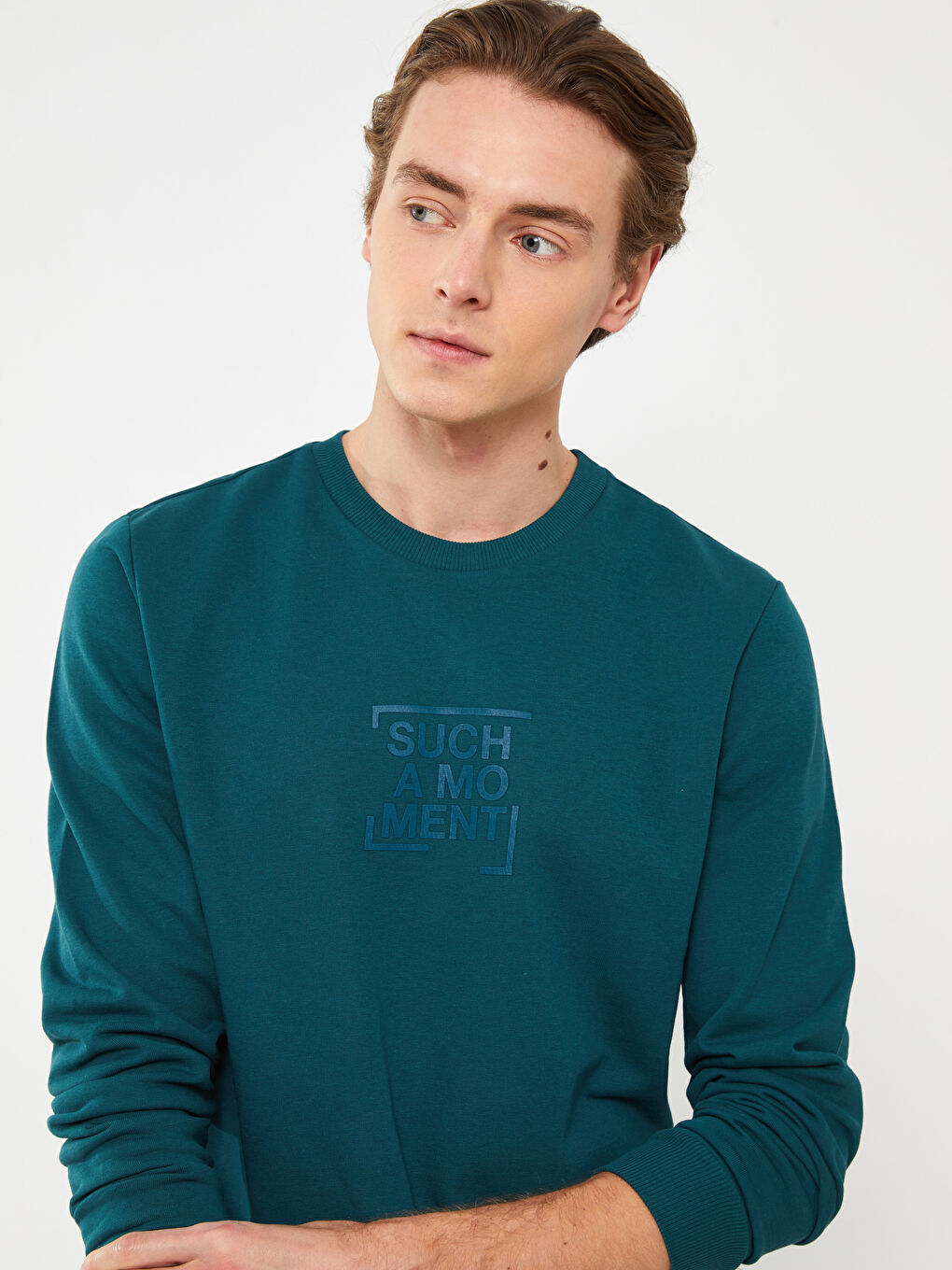 Petrol Bisiklet Yaka Uzun Kollu Baskılı Erkek Sweatshirt-1