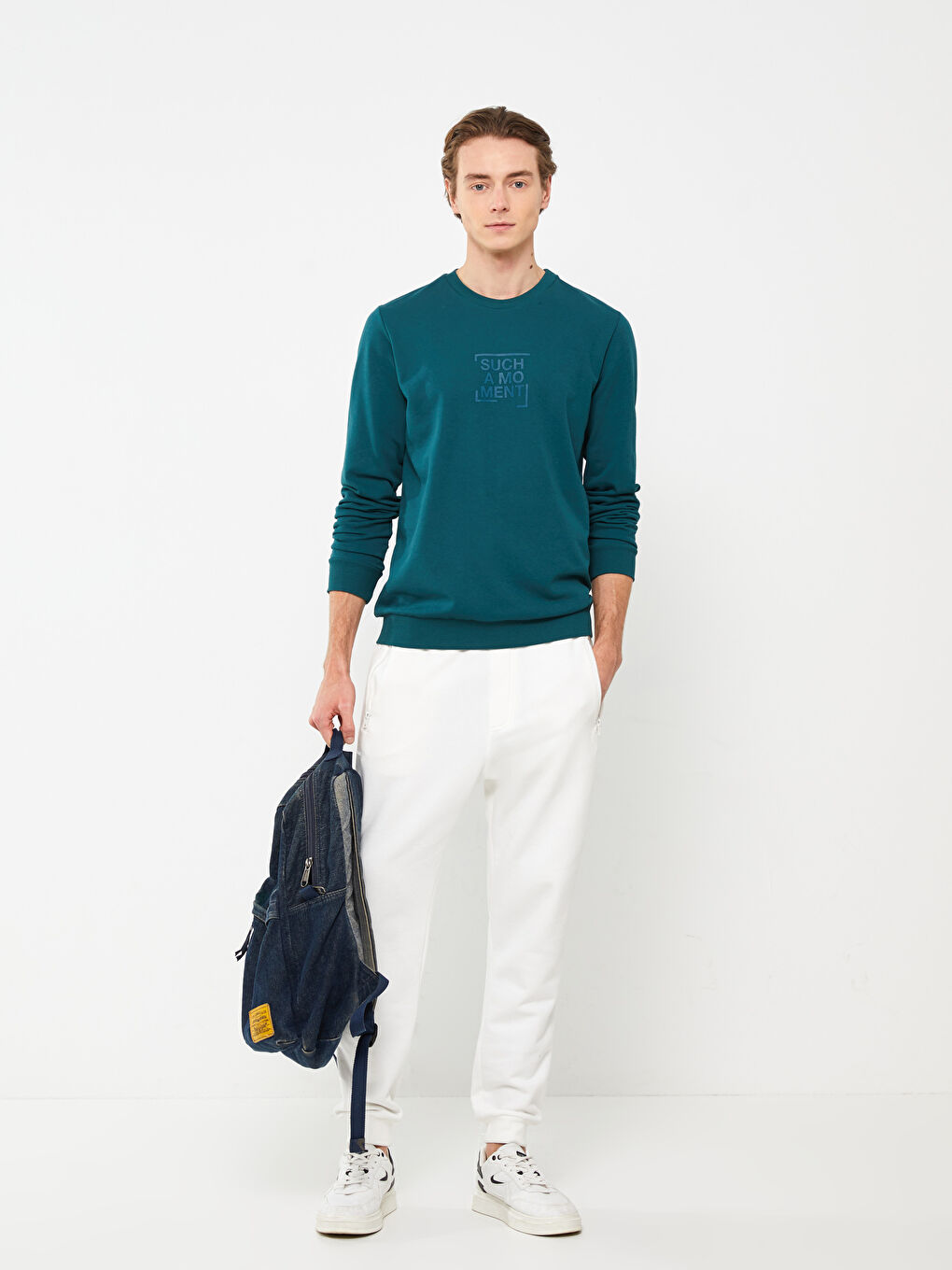 Petrol Bisiklet Yaka Uzun Kollu Baskılı Erkek Sweatshirt-2