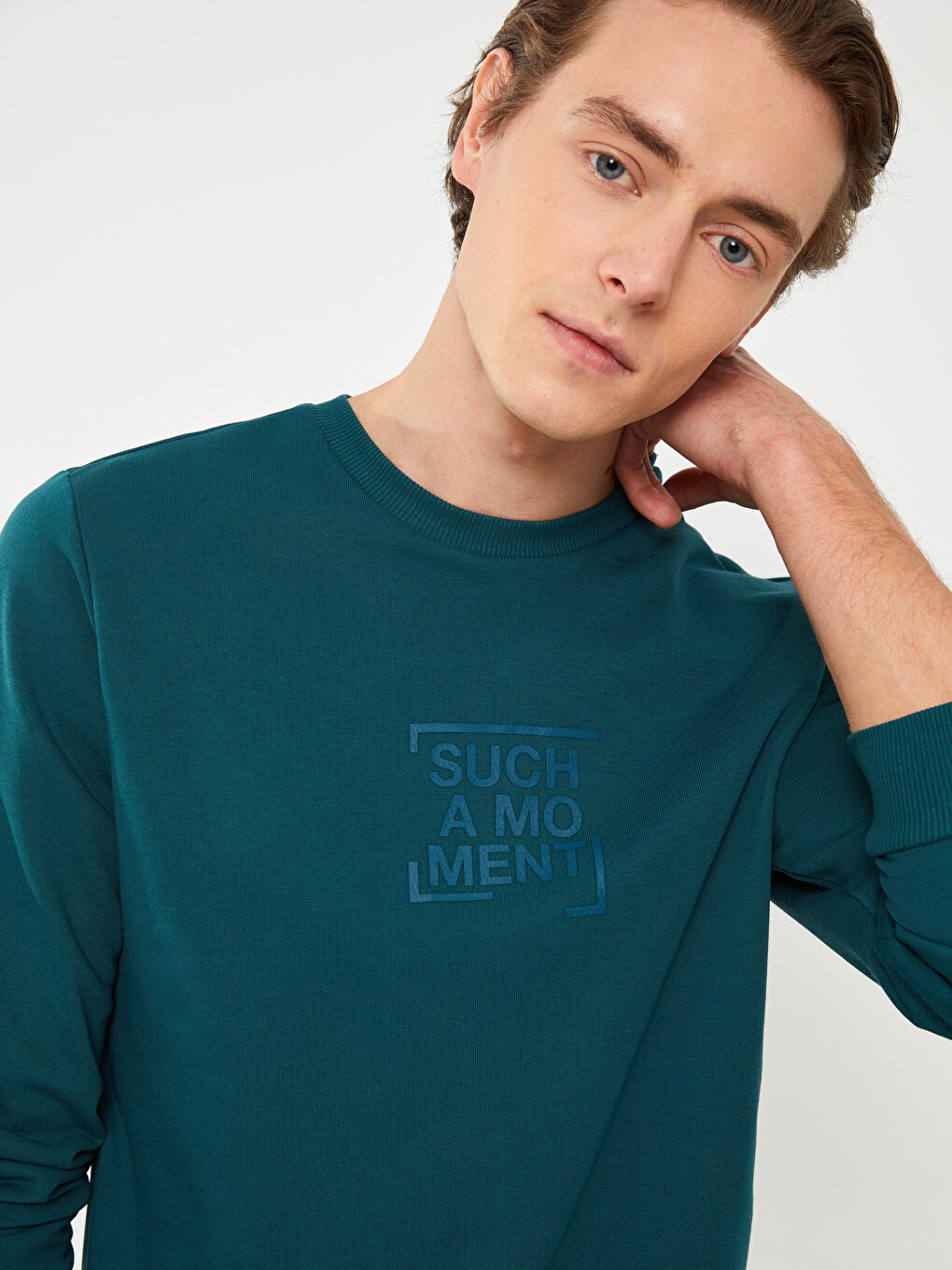 Petrol Bisiklet Yaka Uzun Kollu Baskılı Erkek Sweatshirt-3