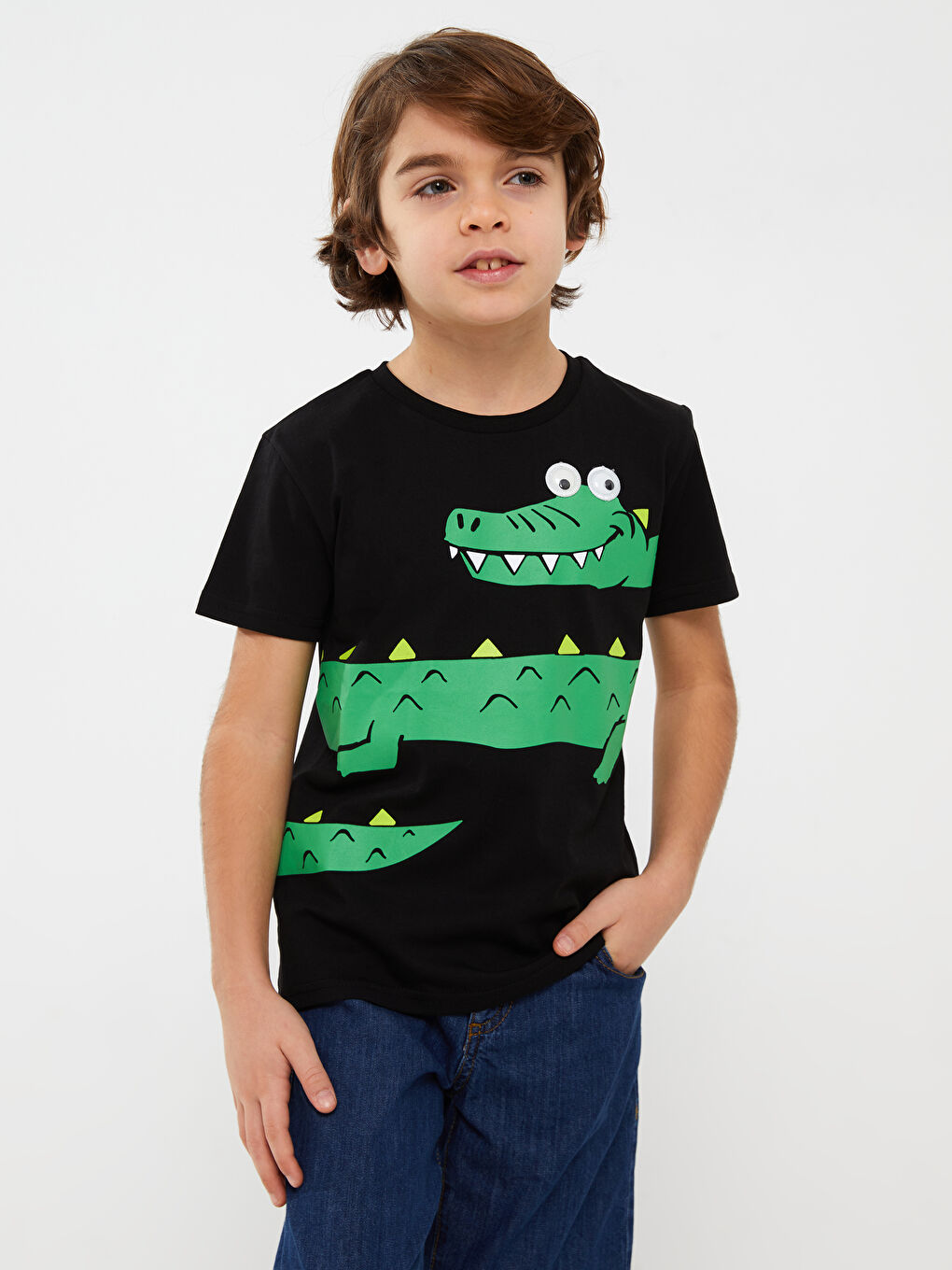 Siyah Bisiklet Yaka Baskılı Kısa Kollu Erkek Çocuk Tişört-1