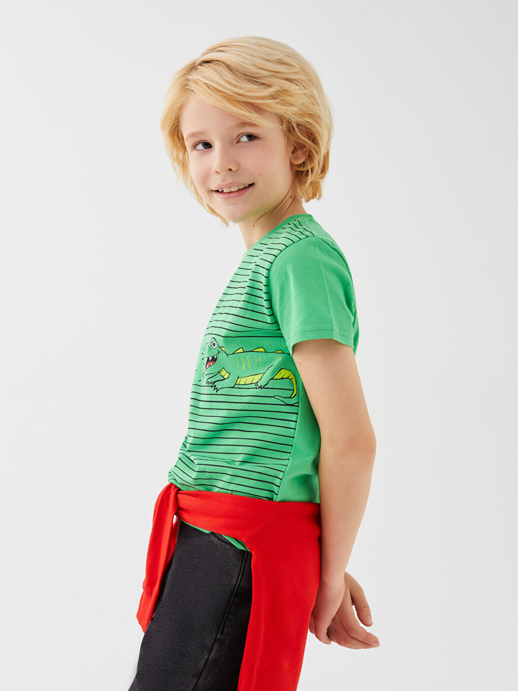 Yeşil Bisiklet Yaka Baskılı Kısa Kollu Erkek Çocuk Tişört