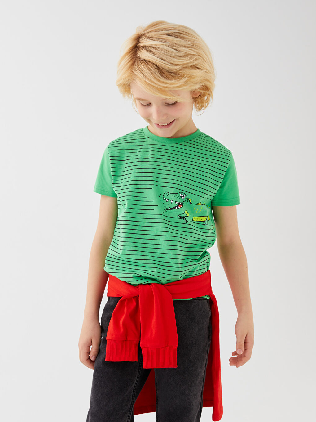 Yeşil Bisiklet Yaka Baskılı Kısa Kollu Erkek Çocuk Tişört-1