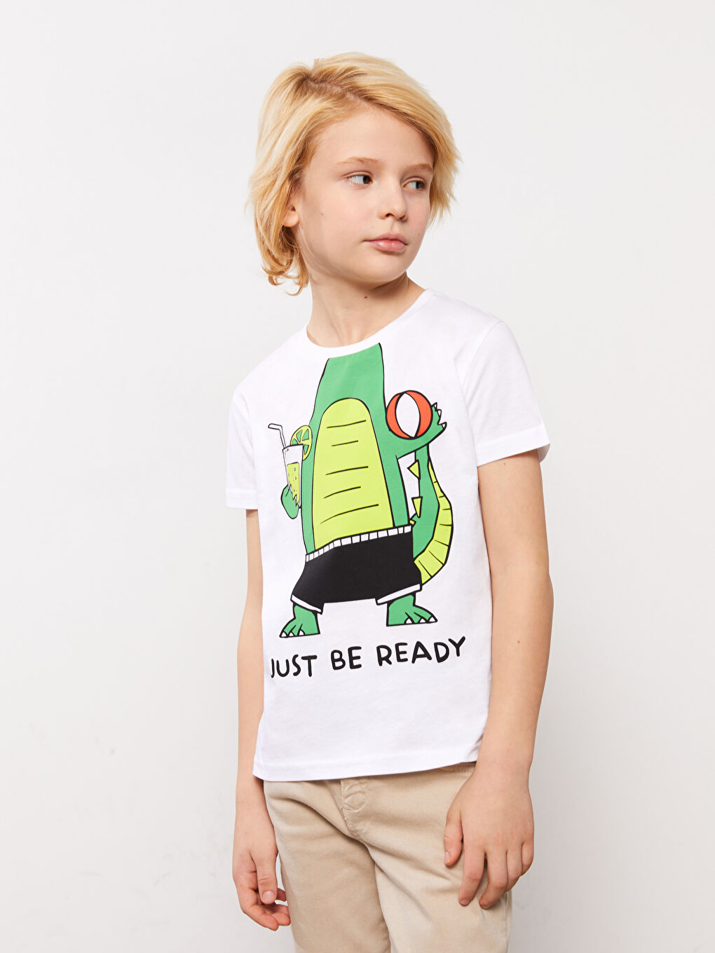 Beyaz Bisiklet Yaka Baskılı Kısa Kollu Erkek Çocuk Tişört-2