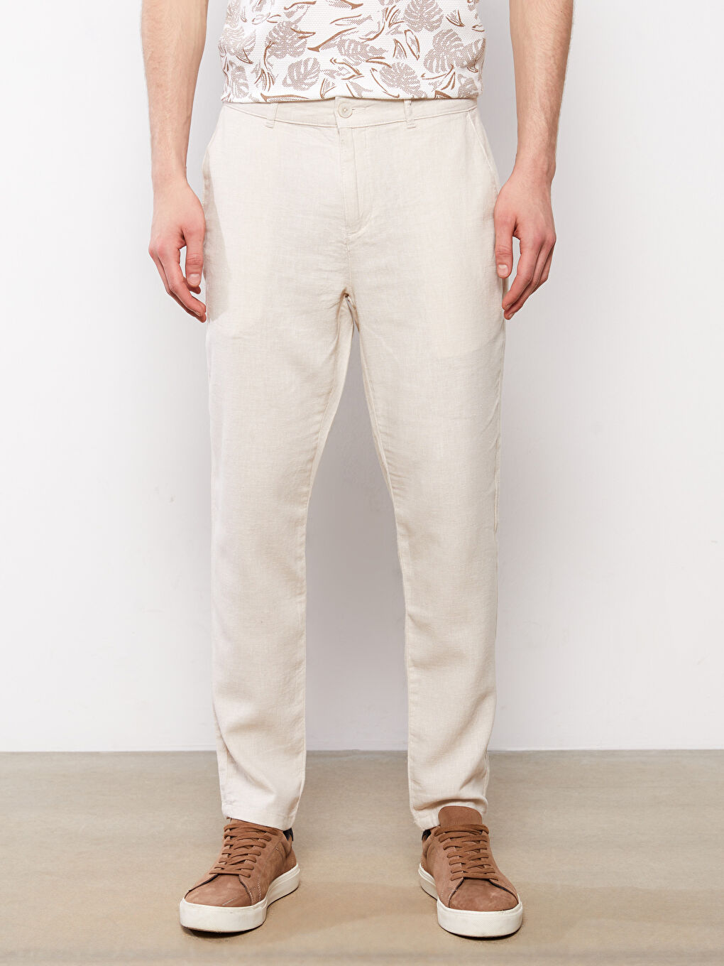 Bej Slim Fit Keten Karışımlı Erkek Pantolon-2