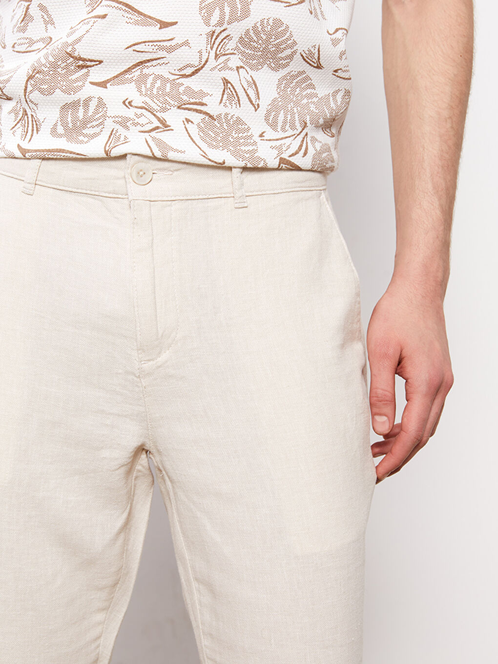 Bej Slim Fit Keten Karışımlı Erkek Pantolon-3