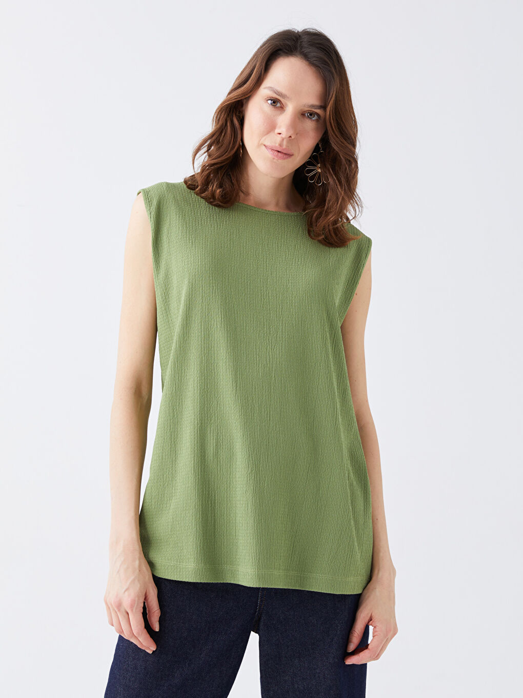 Yeşil Kadın Bisiklet Yaka Düz Atlet