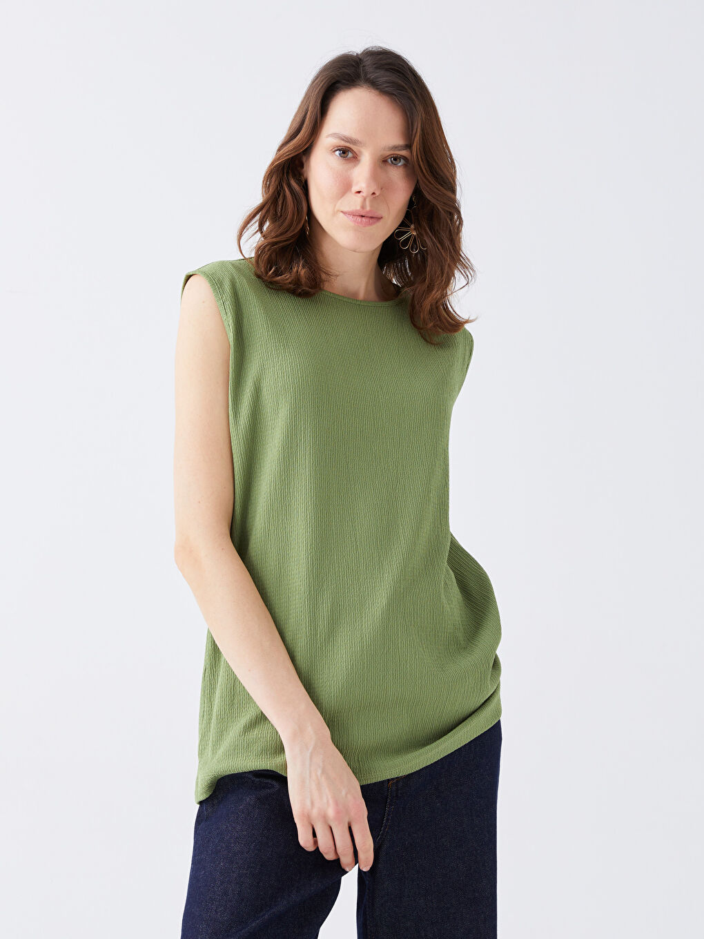 Yeşil Kadın Bisiklet Yaka Düz Atlet-1