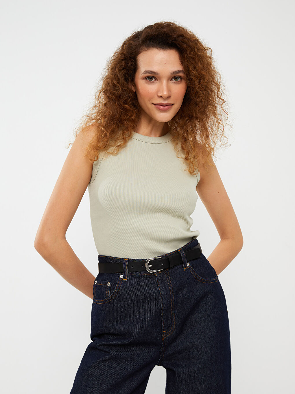 Gri Kadın Bisiklet Yaka Düz Atlet-1