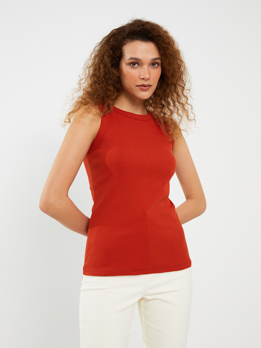 Turuncu Kadın Bisiklet Yaka Düz Atlet-1