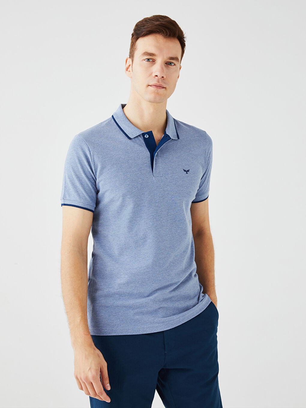 Mavi Polo Yaka Kısa Kollu Pike Erkek Tişört-1