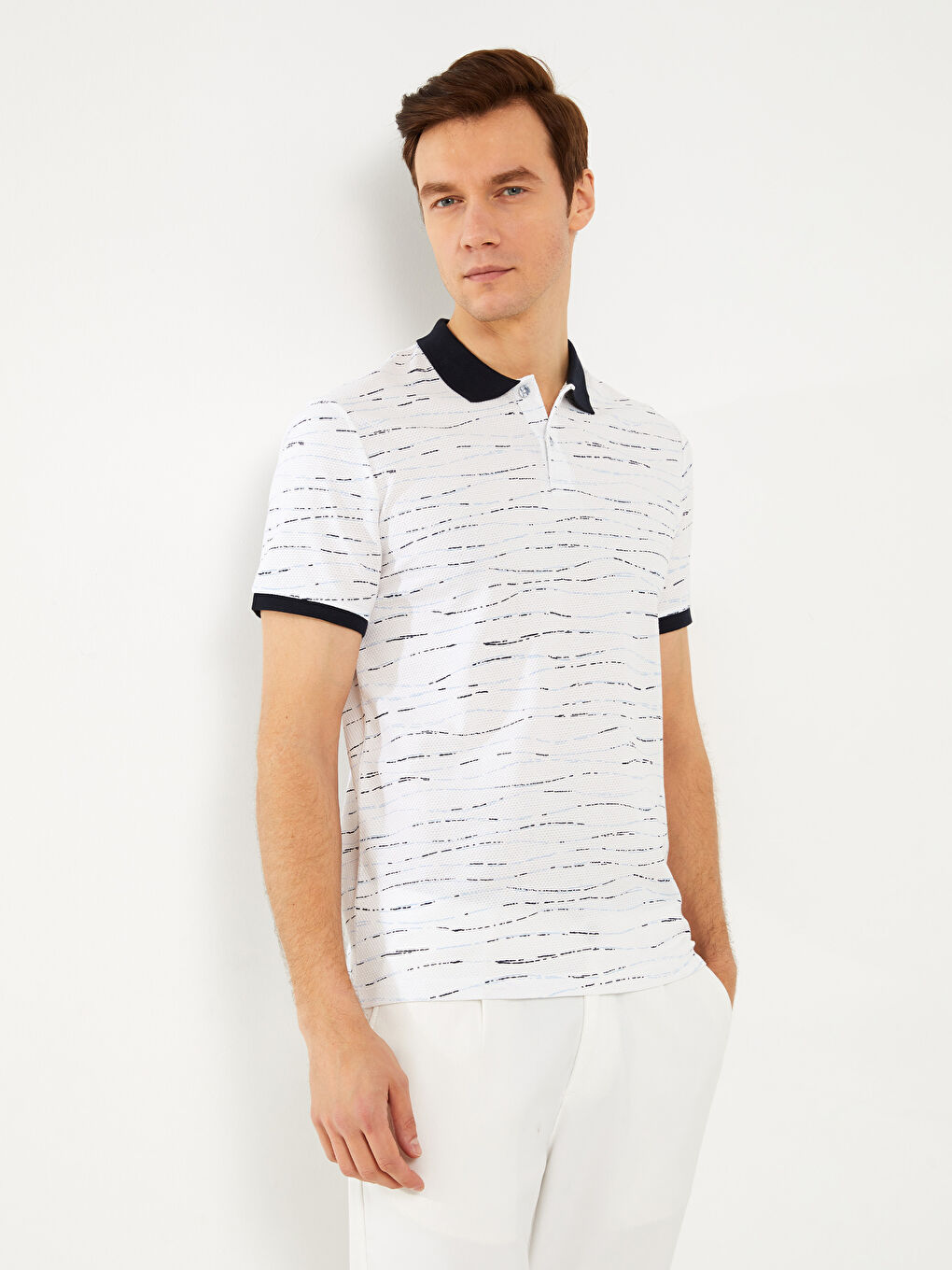 Polo Neck Short Sleeve Patterned Combed Cotton Men's T-Shirt -S3BD61Z8-LQQ